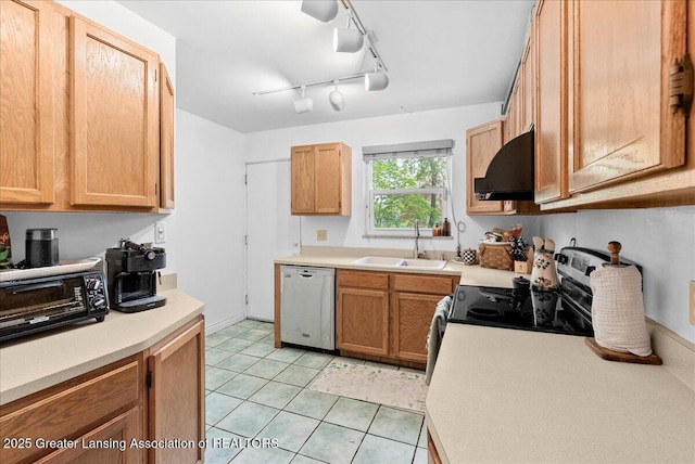 kitchen featuring exhaust hood, stainless steel electric range oven, a sink, dishwasher, and light countertops