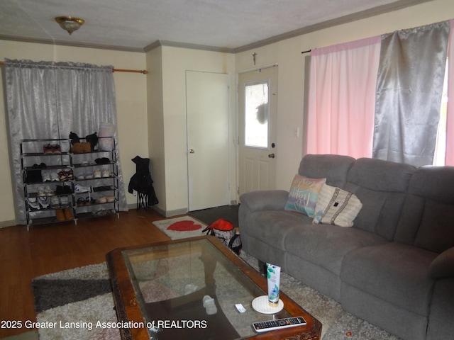 living room with crown molding, baseboards, and wood finished floors