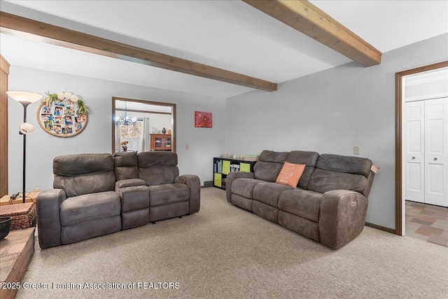 12188 Forest Meadow Dr, Perry, MI 48872 - living area with carpet floors, baseboards, an inviting chandelier, and beam ceiling
