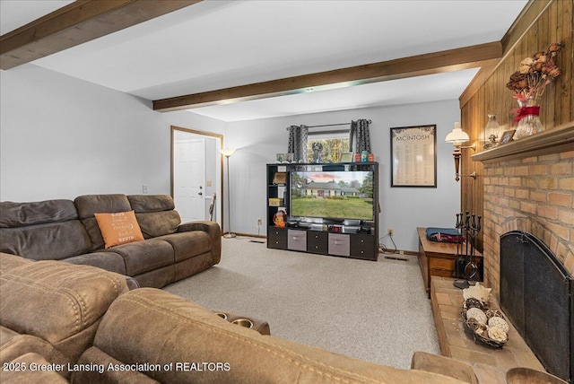 12188 Forest Meadow Dr, Perry, MI 48872 - carpeted living area with baseboards, a brick fireplace, and beam ceiling