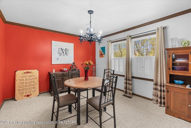 12188 Forest Meadow Dr, Perry, MI 48872 - dining area with an inviting chandelier, baseboards, ornamental molding, and light colored carpet