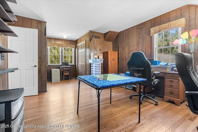 12188 Forest Meadow Dr, Perry, MI 48872 - office space with light wood-style floors, wooden walls, and visible vents