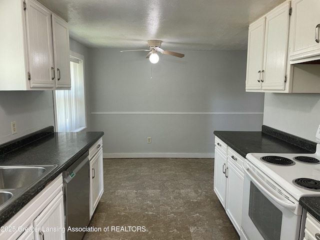 kitchen with dark countertops, white electric range oven, white cabinetry, a ceiling fan, and dishwasher