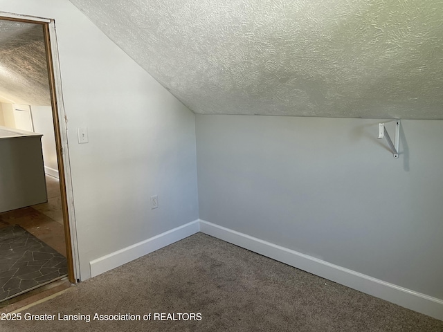 bonus room with a textured ceiling, baseboards, and carpet