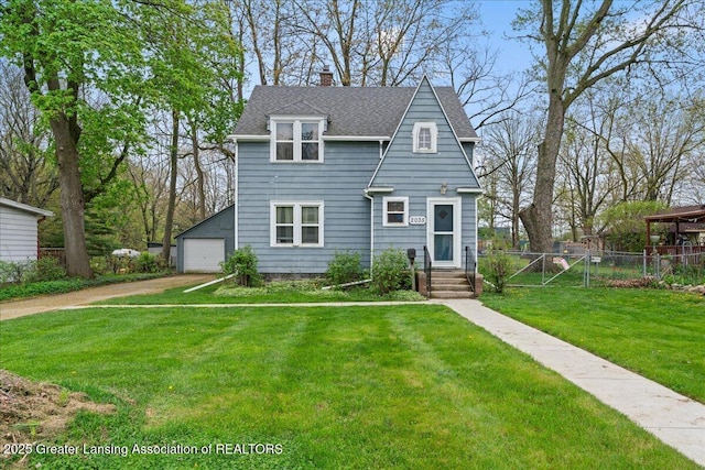 2035 Mary Ave, Lansing, MI 48910 - view of front facade featuring a chimney, a front yard, a garage, fence, and a shingled roof