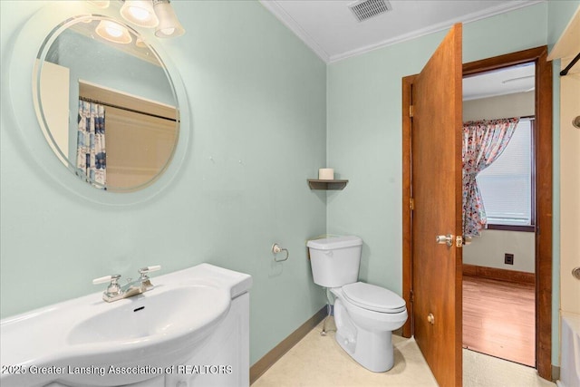 2035 Mary Ave, Lansing, MI 48910 - bathroom featuring a sink, toilet, baseboards, visible vents, and ornamental molding