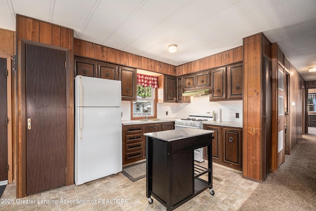 111 Terrace Dr, Houghton Lake, MI 48629 - kitchen with white appliances, under cabinet range hood, wooden walls, light countertops, and a kitchen island