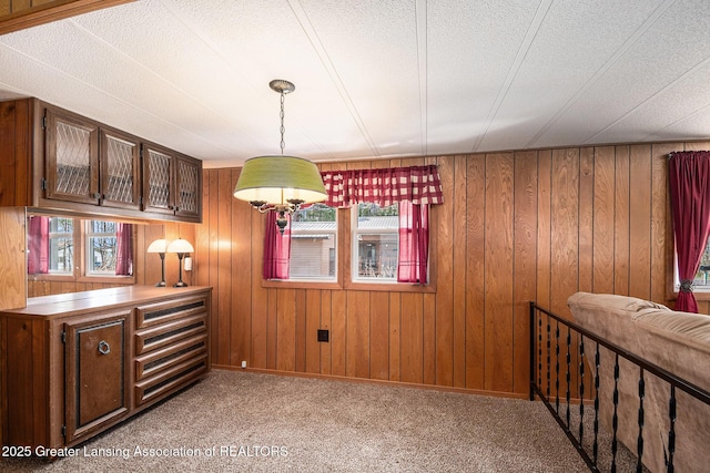 111 Terrace Dr, Houghton Lake, MI 48629 - dining room with healthy amount of natural light, wood walls, carpet, and baseboards