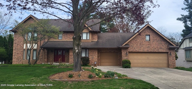 traditional-style house featuring driveway, roof with shingles, brick siding, a front lawn, and an attached garage
