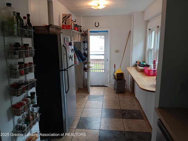 kitchen featuring freestanding refrigerator and light countertops