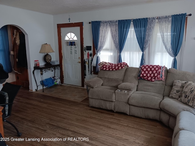 living area featuring arched walkways and wood finished floors