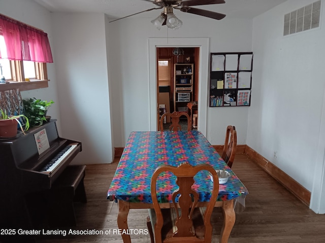 dining area featuring a ceiling fan, visible vents, and wood finished floors