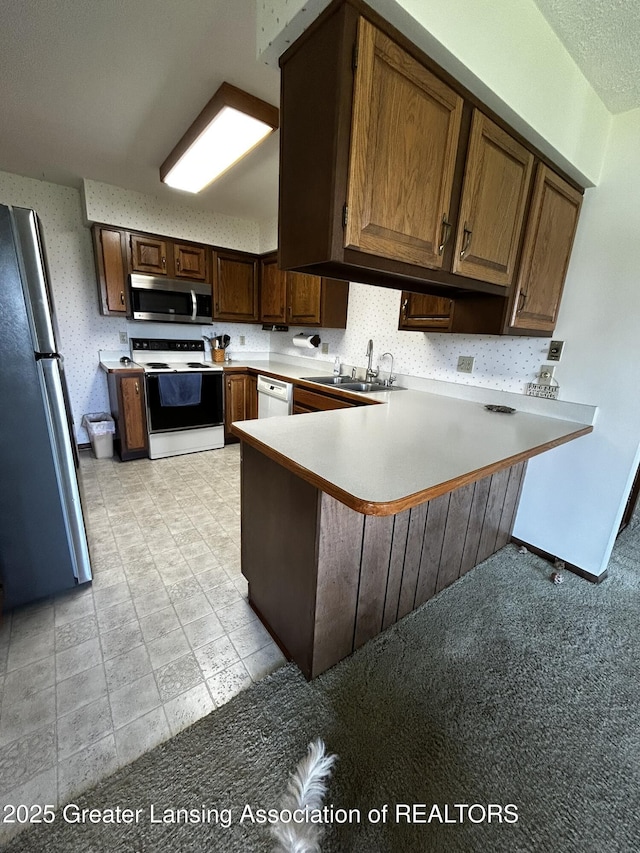 9466 W Grand River Ave, Grand Ledge, MI 48837 - kitchen featuring a sink, appliances with stainless steel finishes, a peninsula, and light countertops