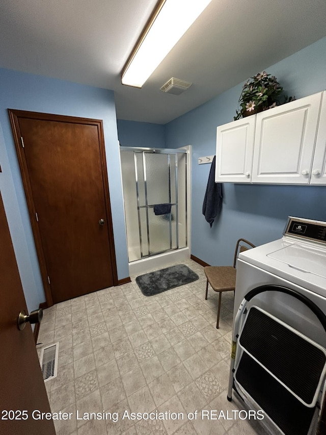 9466 W Grand River Ave, Grand Ledge, MI 48837 - laundry room featuring visible vents, cabinet space, washer / clothes dryer, and baseboards
