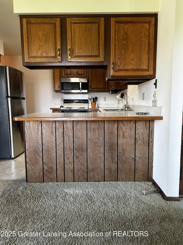9466 W Grand River Ave, Grand Ledge, MI 48837 - kitchen with a sink, a peninsula, light carpet, and stainless steel appliances
