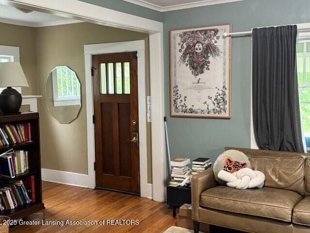 foyer with wood finished floors, ornamental molding, baseboards, and plenty of natural light
