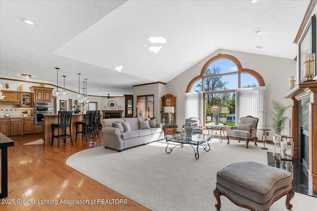 3012 Appaloosa Way, Lansing, MI 48906 - living area featuring a textured ceiling, light wood-style flooring, high vaulted ceiling, and a fireplace