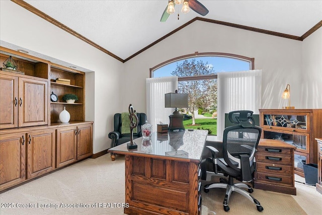 3012 Appaloosa Way, Lansing, MI 48906 - office space featuring light carpet, a ceiling fan, baseboards, lofted ceiling, and ornamental molding