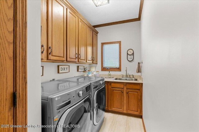 3012 Appaloosa Way, Lansing, MI 48906 - laundry area featuring cabinet space, washing machine and dryer, ornamental molding, and a sink