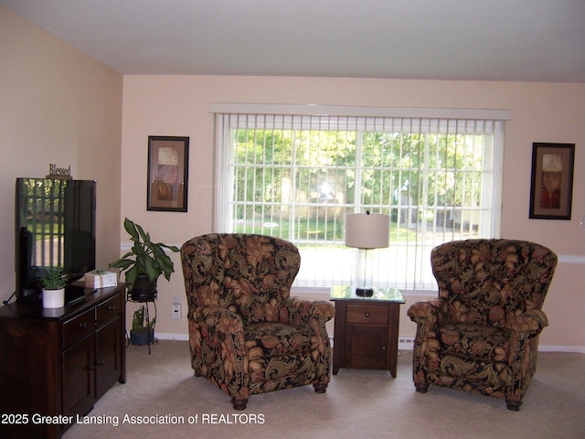 sitting room with a healthy amount of sunlight, baseboards, and carpet flooring