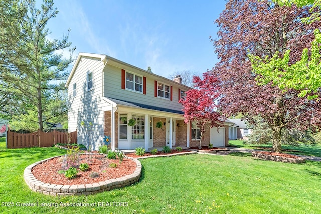 view of front of house with a chimney, brick siding, and a porch