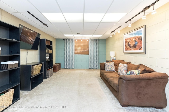 living room with rail lighting and concrete flooring