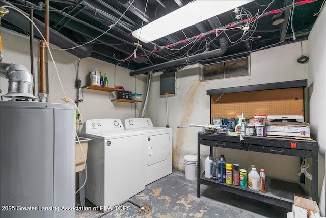 laundry room with laundry area, electric panel, water heater, and washer and dryer