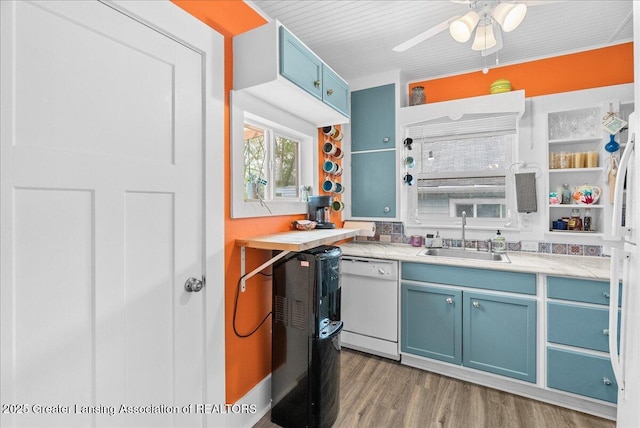 kitchen with blue cabinetry, white dishwasher, open shelves, wood finished floors, and a sink