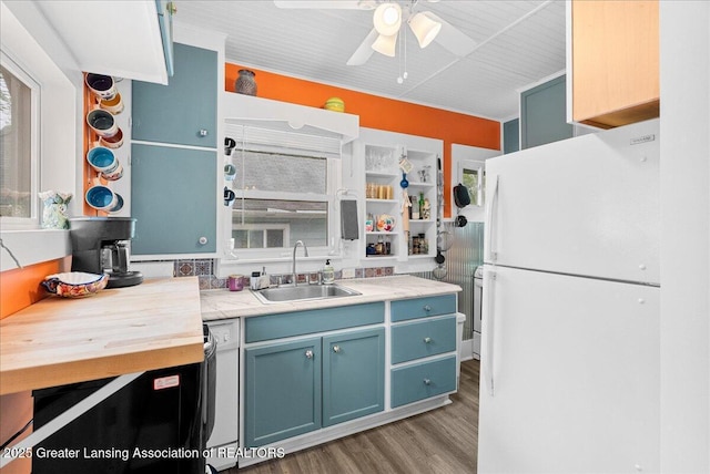 kitchen featuring freestanding refrigerator, light wood-style floors, ceiling fan, blue cabinets, and a sink