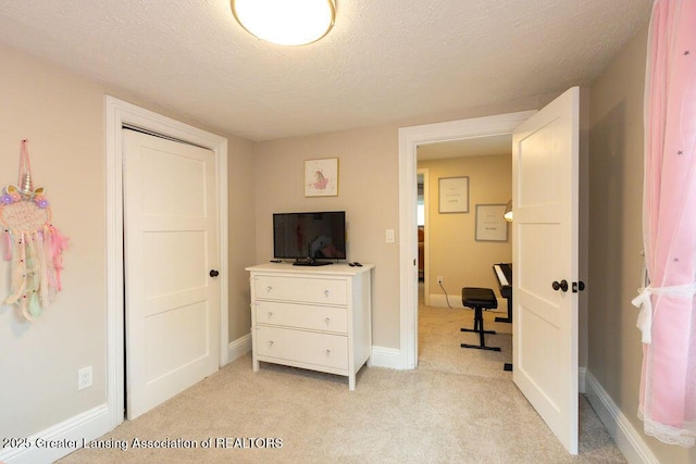 1061 E Sherwood Rd, Williamston, MI 48895 - bedroom featuring a textured ceiling, light colored carpet, baseboards, and a closet