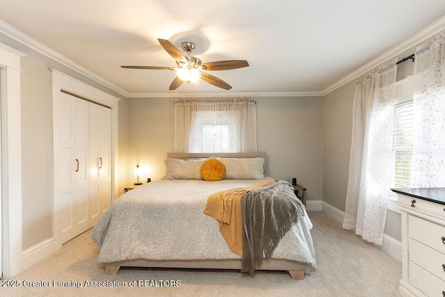 1061 E Sherwood Rd, Williamston, MI 48895 - bedroom featuring ornamental molding, light carpet, baseboards, a closet, and a ceiling fan