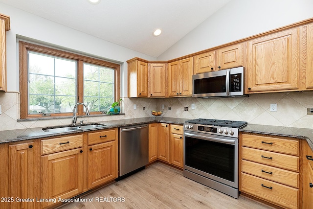 6032 Vienna Way, Lansing, MI 48917 - kitchen featuring a sink, light wood-style floors, stainless steel appliances, lofted ceiling, and backsplash