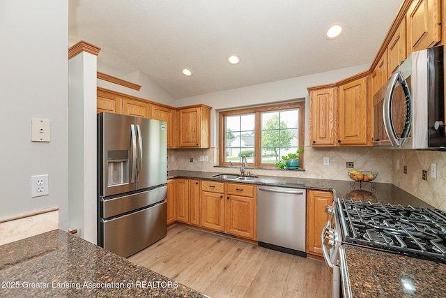 6032 Vienna Way, Lansing, MI 48917 - kitchen featuring light wood-style floors, dark stone counters, a sink, vaulted ceiling, and stainless steel appliances