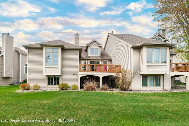 6032 Vienna Way, Lansing, MI 48917 - back of property with a lawn, a wooden deck, a chimney, and cooling unit
