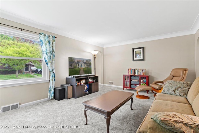 carpeted living area featuring baseboards, crown molding, visible vents, and arched walkways