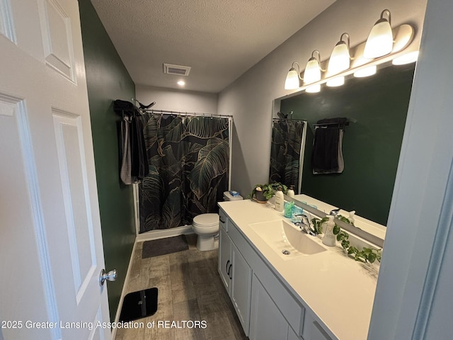 850 Saint Johns Chase, Grand Ledge, MI 48837 - bathroom featuring wood finished floors, vanity, toilet, a textured ceiling, and curtained shower