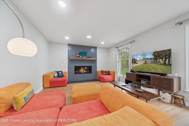 1212 Sandhill Dr, Dewitt, MI 48820 - living area featuring baseboards, wood finished floors, a fireplace, and recessed lighting