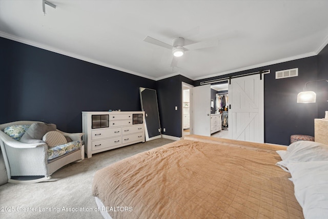 1212 Sandhill Dr, Dewitt, MI 48820 - carpeted bedroom featuring crown molding, a barn door, a ceiling fan, and visible vents