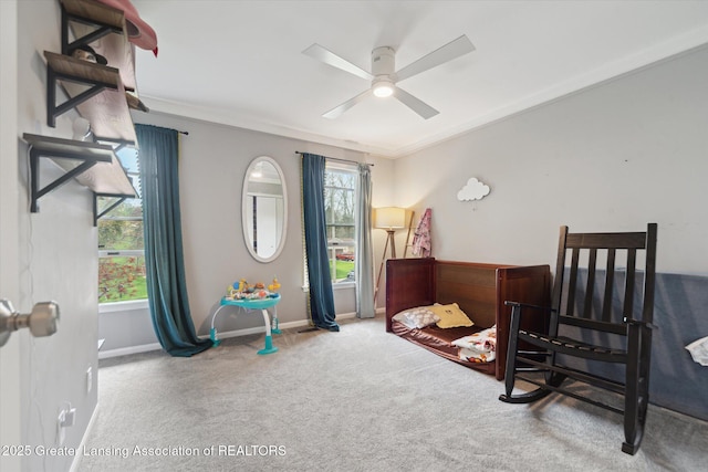 1212 Sandhill Dr, Dewitt, MI 48820 - bedroom featuring crown molding, carpet flooring, baseboards, and ceiling fan