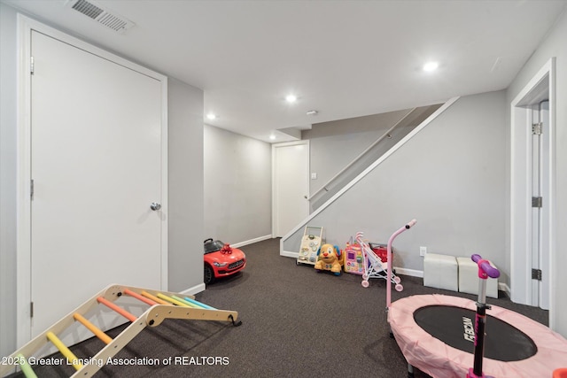 1212 Sandhill Dr, Dewitt, MI 48820 - rec room featuring visible vents, baseboards, carpet floors, and recessed lighting