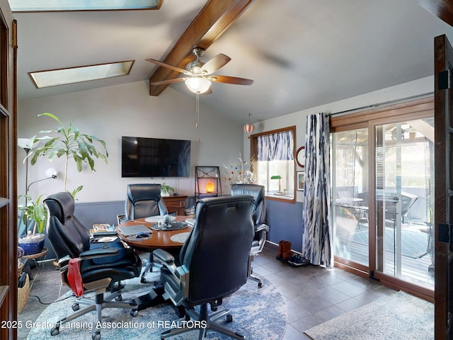 office with tile patterned floors, a ceiling fan, and lofted ceiling with beams