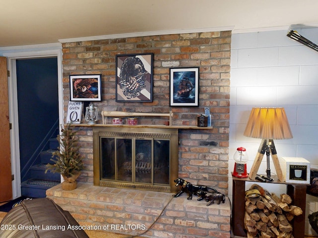 details featuring a fireplace and ornamental molding