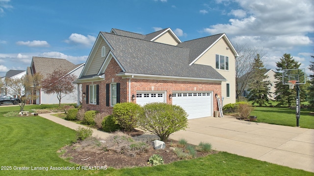 view of property exterior with concrete driveway, a shingled roof, brick siding, and a lawn