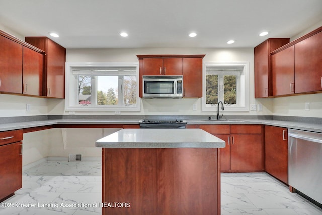 kitchen featuring a sink, a healthy amount of sunlight, marble finish floor, and appliances with stainless steel finishes