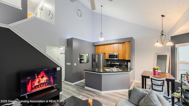 13799 Mead Creek Rd Unit 63D, Bath, MI 48808 - kitchen with appliances with stainless steel finishes, dark countertops, light wood finished floors, high vaulted ceiling, and baseboards