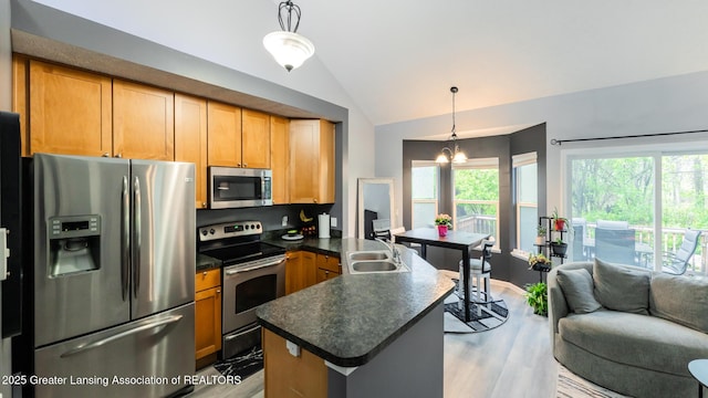 13799 Mead Creek Rd Unit 63D, Bath, MI 48808 - kitchen with appliances with stainless steel finishes, lofted ceiling, a peninsula, open floor plan, and dark countertops