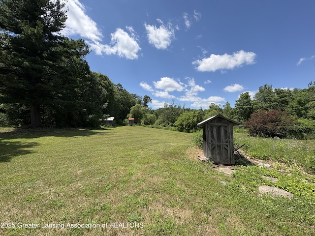 5205 N Bailey Rd, Coral, MI 49322 - view of grassy yard featuring a view of trees and a storage shed