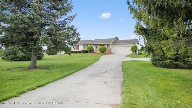ranch-style home featuring concrete driveway, a front lawn, and a garage