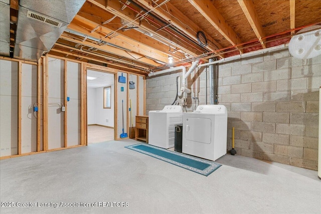 unfinished below grade area with washing machine and clothes dryer and visible vents