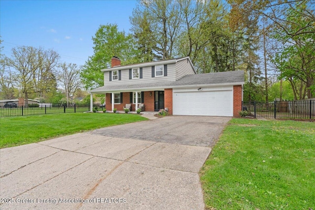 view of front of home with a garage, a chimney, aphalt driveway, a porch, and brick siding